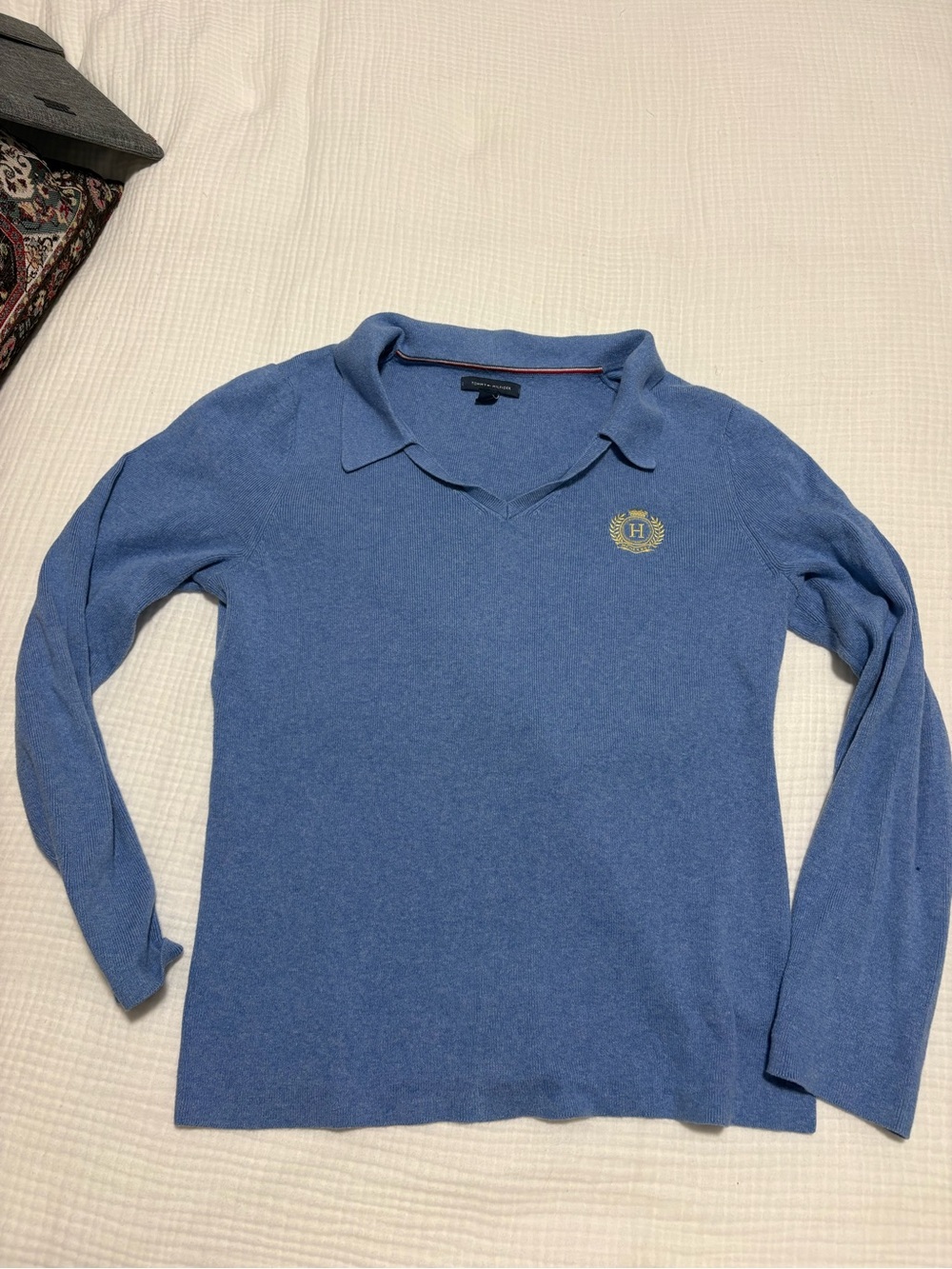 Tommy Hilfiger Blue V‑Neck Polo‑Style Sweater